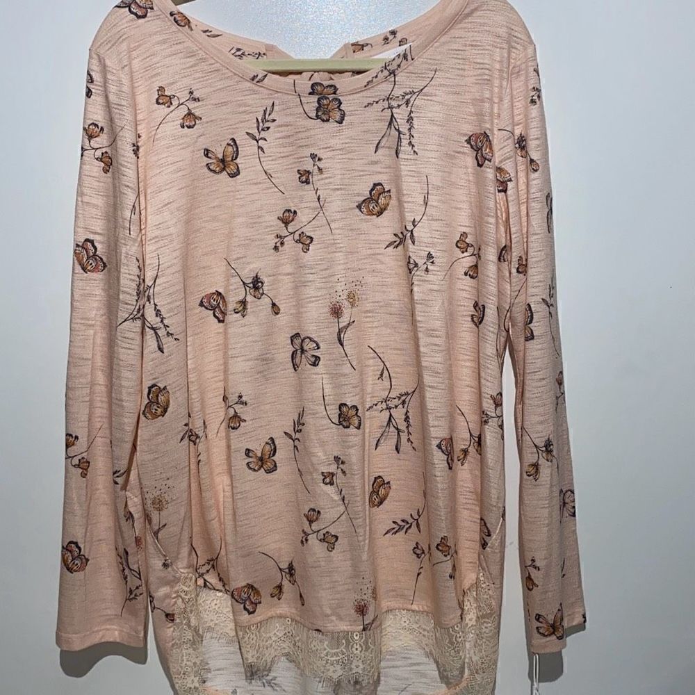 Lauren Conrad‎ Women's Floral Pink Lace Trim Hem Tie Back Tunic Top Large NWT
